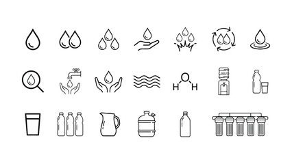 Fototapeta premium Collection of line icons related to water and hydration including droplets bottles and glasses in simple minimalist design various symbolic representations