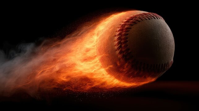 Stunning photo of flaming baseball flying through the air with intense fire and smoke trail on a dark background.