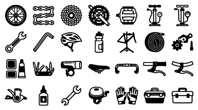 Bicycle Repair Icons Collection Featuring Tools and Parts for Maintenance and Cycling Featuring Wrench, Chain, Gear with Helmet