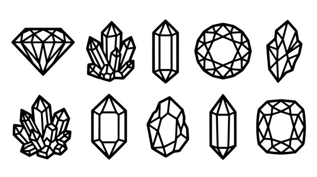 Crystal Geometric Icons Collection on White Background, Black Line Art Symbols for Gemstones, Minerals and Fantasy Design