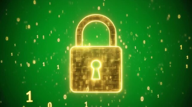 Glowing golden holographic padlock locking against solid green screen, representing cyber security protection and encrypted data privacy software networks