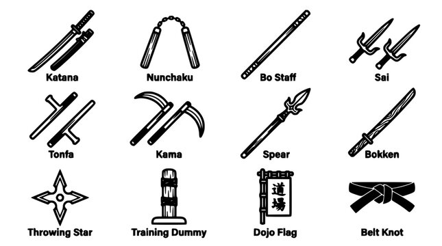 Martial Arts Weapons Icons Collection Featuring Katana, Nunchaku, Bo Staff, Sai, Tonfa, Kama, Spear, Bokken, Throwing Star, Traini