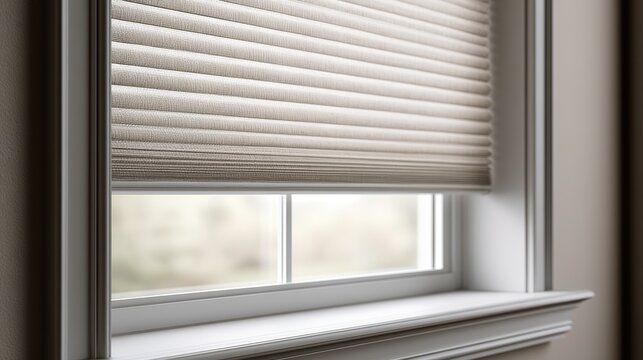 Stunning photo of modern interior window with energy-efficient cellular shades, featuring honeycomb design for superior thermal insulation and light control in a stylish home.