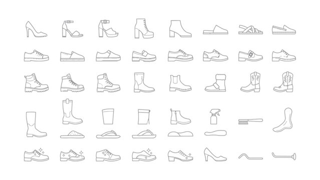 Collection of various shoe types and footwear accessories line art illustrations isolated on white background