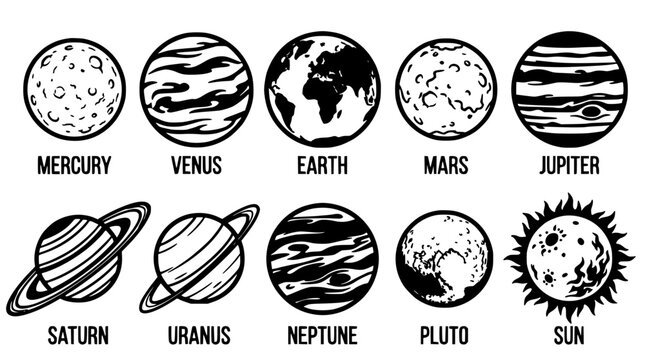 Planets and Sun Illustration with Labels in a Row Featuring Astronomy, Space, Solar with System and Mercury Elements for Venus