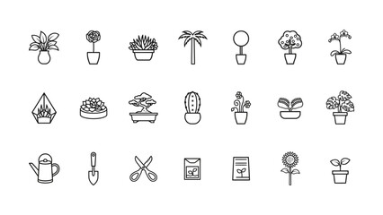 Fototapeta premium Collectionofvariousplantsandgardeningtoolsiconsinlineartstylefordesignanddecorationpurposesisolatedonwhitebackground