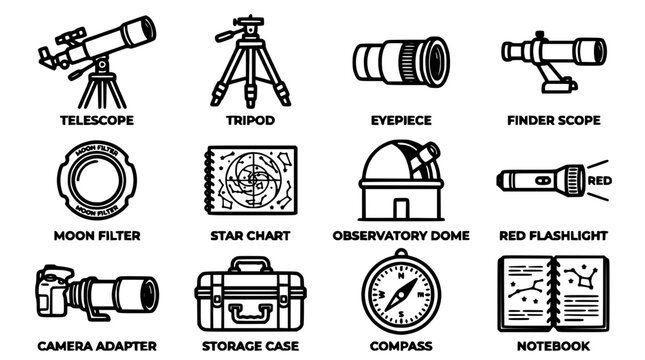 Telescope and Astronomy Tools Icons Set with Tripod, Eyepiece, Finder Scope, Moon Filter, Star Chart, Observatory Dome, Red Flashl