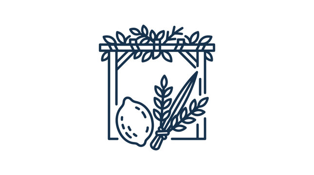 Line art illustration of a sukkah with etrog and lulav for Sukkot.