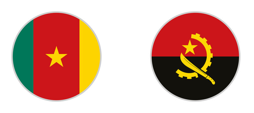 Cameroon and Angola flag icon collection. Round national flag symbols. Country identity badges. Flat vector illustration