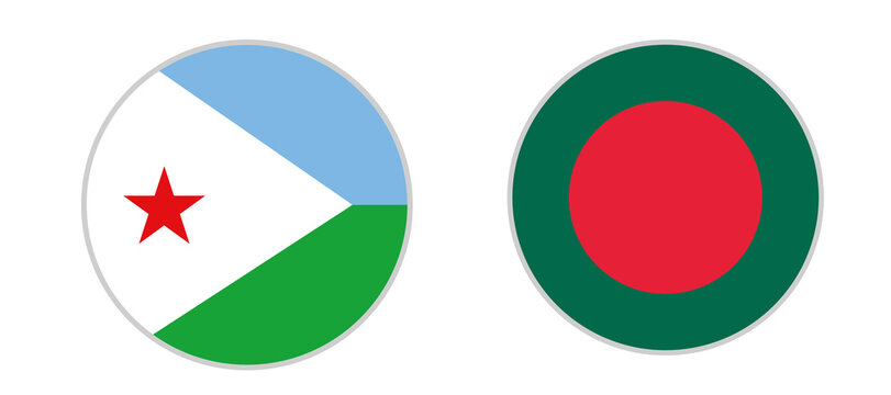Djibouti and Bangladesh flag icon collection. Round national flag symbols. Country identity badges. Flat vector illustration