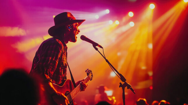 Country singer performing live on stage with guitar and microphone