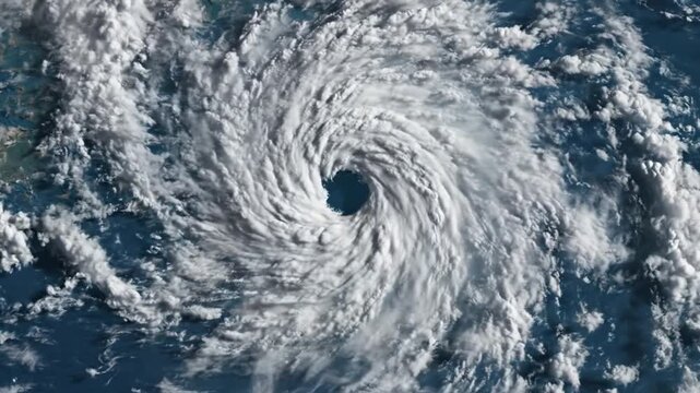 A massive hurricane swirls over the ocean with clouds and eye.