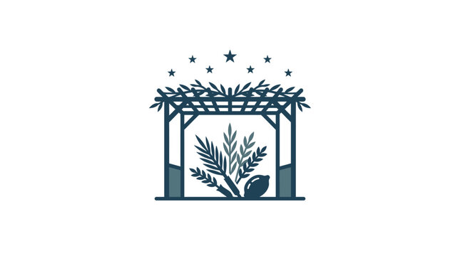 Minimalist illustration of a sukkah booth with lulav and etrog under a starry sky.