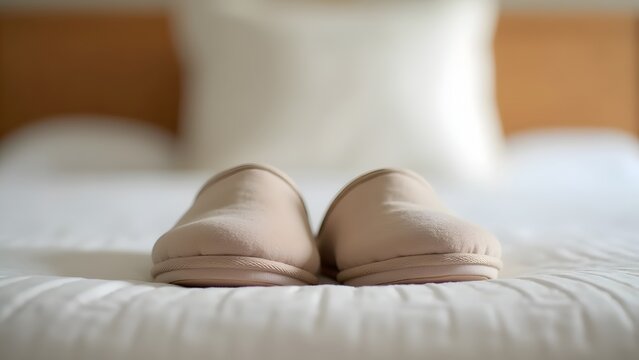 A pair of slippers aligned perfectly at bedside