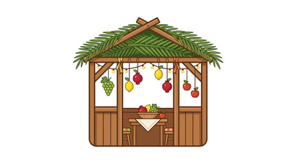 Obraz premium A festive wooden sukkah hut decorated with hanging fruits for the Jewish holiday of Sukkot.