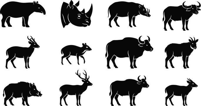 Asian Wildlife Hoofed Mammal Silhouette Vector Set with Tapir, Rhino, Babirusa, Gaur, and Wild Boar Icons for Nature Graphic Designs