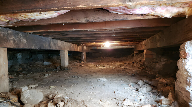 Crawl space with exposed joists, a dirt floor, insulation, and moisture damage suggests the need for hidden mold remediation and basement waterproofing.