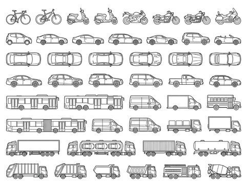 Technical CAD Drawing Set of Various Vehicle Blueprints Including Cars Trucks Buses and Motorcycles for Engineering Design