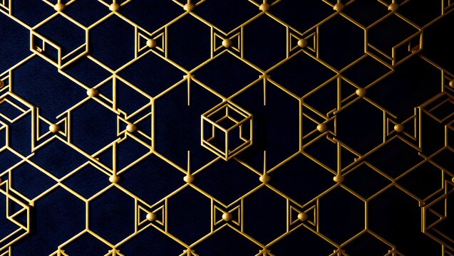 Luxury Gold Embossed Op Art Geometric Pattern on Navy Velvet Background