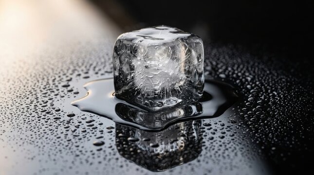 Melting ice cube on reflective glass surface in dramatic black and white close-up