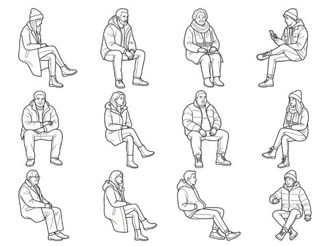 Set of twelve diverse seated people characters in winter clothing for CAD architectural visualization projects and graphic design plans