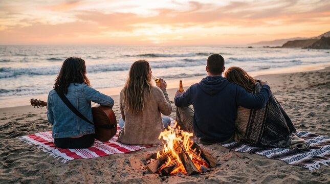Friends enjoying a bonfire on the beach at sunset playing guitar and drinking beer together