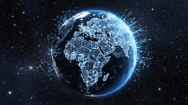 A glowing blue digital earth map with network connections orbiting in space