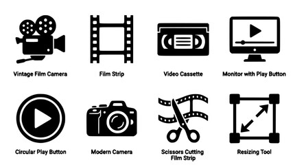 Fototapeta premium Vintage Film Camera and Modern Media Icons Set Featuring Strip, Cassette, Monitor with Play and Button Elements for Circular
