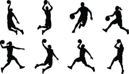 Basketball players silhouettes collection featuring dynamic actions slam dunk jump shot and dribbling isolated on white background © MdAbdur