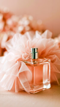A bottle of perfume with a silver cap surrounded by pink fluffy fabric