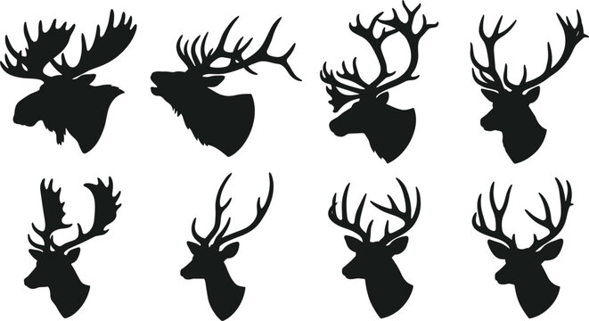 Deer Head and Antler Silhouette Vector Set with Moose, Caribou, Elk, and Stag Icons for Hunting Lodge and Forest Nature Designs
