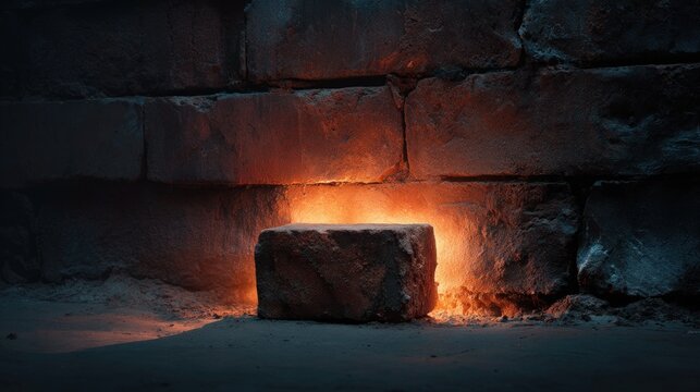 Stone block illuminated in dark cavern