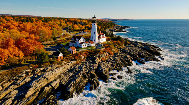A picturesque coastal scene featuring a lighthouse houses and a rocky shoreline with autumn foliage in the background
