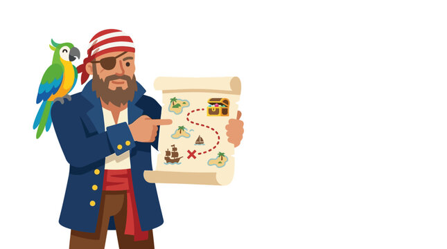 A cartoon pirate with an eye patch and parrot holding a treasure map.