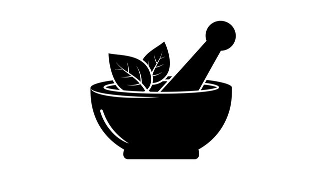 Minimalist mortar and pestle with herbal leaves icon