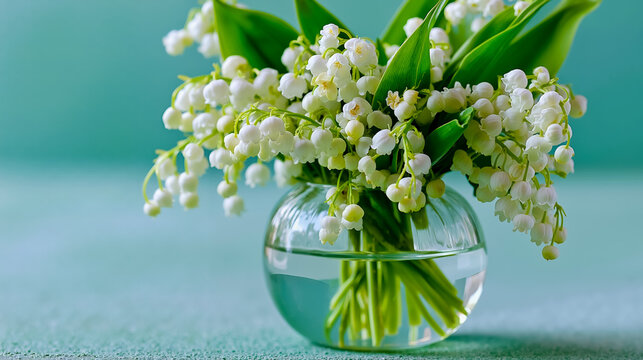 A clear glass vase filled with white flowers and green leaves placed on a blue surface