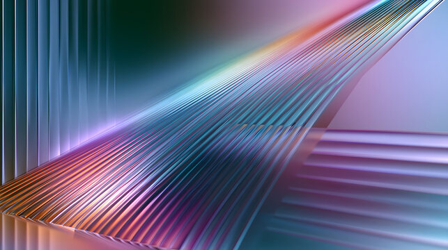 Ribbed glass with smooth diagonal geometry and soft light refraction. Fan-shaped abstract composition that converges at the corner with luminous gradient layers bending through the ribbed glass. 3D re
