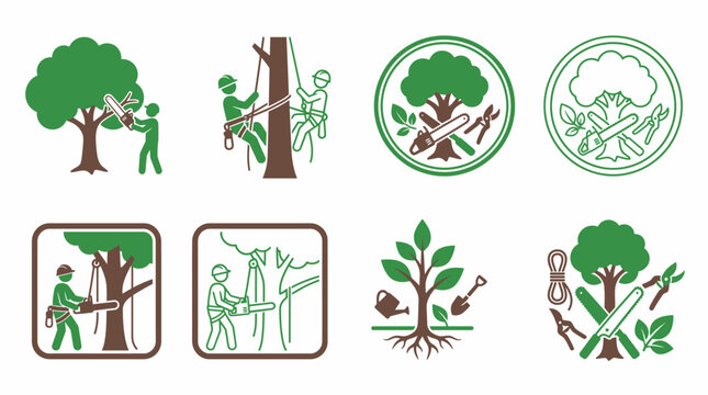 Tree Surgery Arborist Service Icon Set Flat Vector Garden Tree Trim Symbol Badge App UI Website EPS SVG