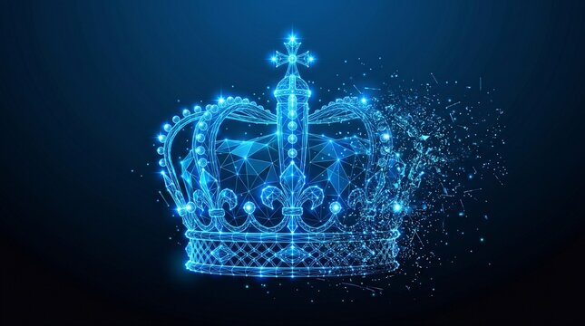 Regal crown symbol made of glowing particles and digital light streaks with particle technology abstract shimmering authority leadership achievement nobility monarchy ethereal