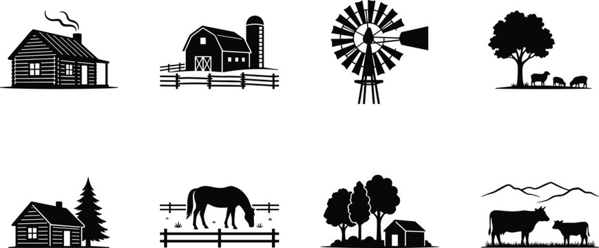 Black farm silhouette elements set featuring country barns, rural houses, cattle, horses, and windmill graphics