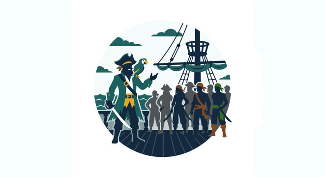 A group of pirate crew members standing on the deck of a ship with their captain.