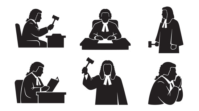 Collection of professional judge silhouettes wearing traditional wigs and gowns while using a gavel in courtroom settings