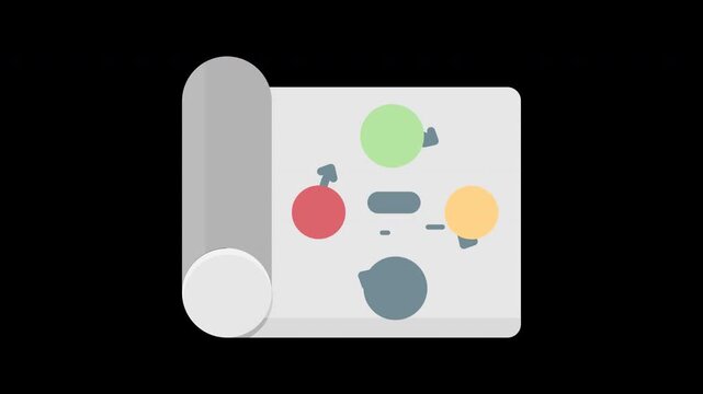 Animated flat icon of a blueprint scroll showing a circular workflow process with colorful arrows and nodes, transparent background.