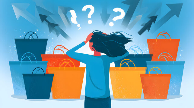 Choice overload concept shows overwhelmed consumer decision-making process, with multiple options, confusion, stress, cognitive fatigue, and modern digital marketplace psychology