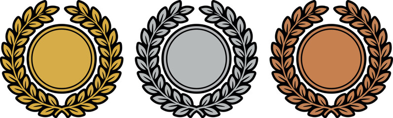 Three laurel wreath medal icons in gold, silver, and bronze © Tahmina