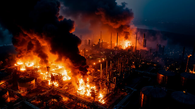 A large industrial facility engulfed in flames with smoke and fire visible throughout the scene