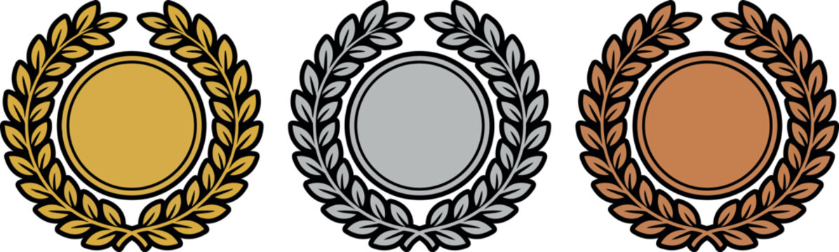 Three laurel wreath medal icons in gold, silver, and bronze