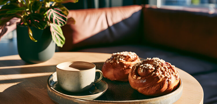 Two cinnamon buns and a coffee cup are on a wooden table near a plant and a brown sofa. Morning sunlight makes shadows on the cafe surface. Enjoy fika time with the pastry and the hot beverage.