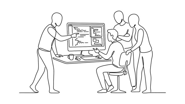 Continuous line drawing of a diverse team of software developers working together on a computer project.