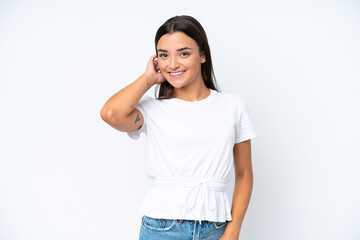 Obraz premium Young caucasian woman isolated on white background laughing